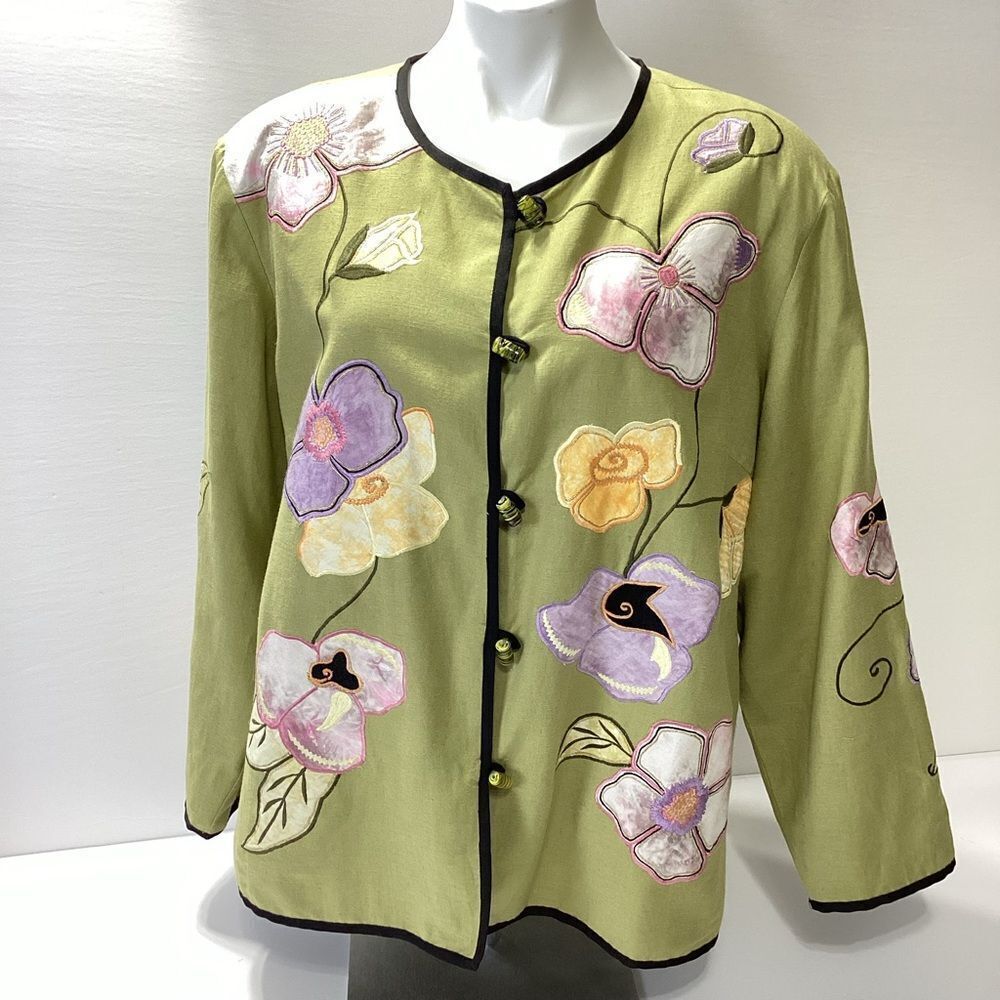 Indigo Moon Floral Olive Textured Lagenlook Blazer Boho Jacket 1X